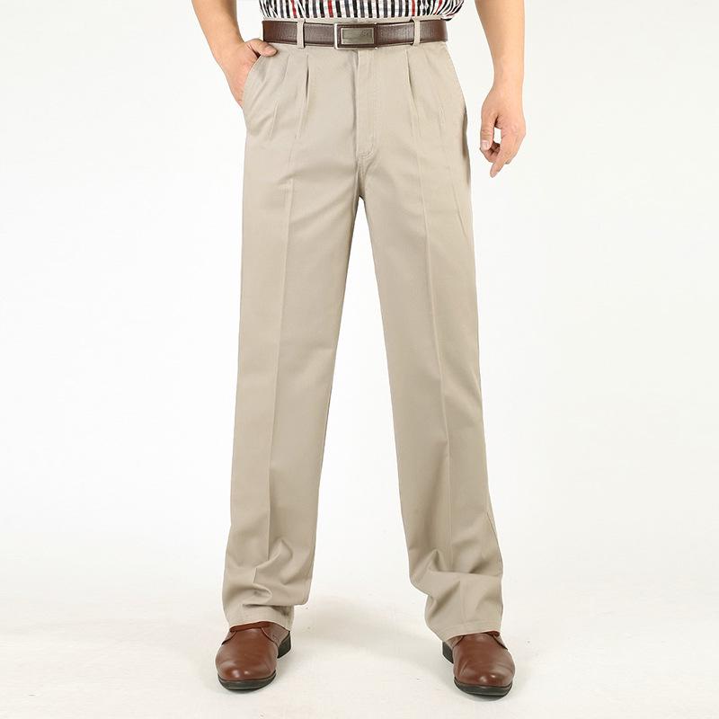 Men's High Waist Double Pleated Cotton Pants - Spring/Summer, Loose Straight Leg, Plus Size
