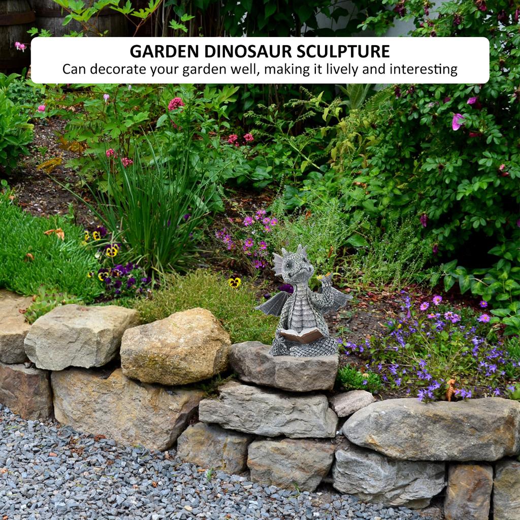 Garden Reading Book Little Dragon Sculpture Cute Dragon Statues Resin Dragon Sculptures Art Ornament for Lawn Yard Home Decor