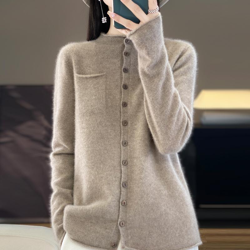 100% Merino Wool Women's Sweater Cardigan Fashion Crewneck High Quality Crimped Knit Sweater Pure Color Pocket Loose Sweater