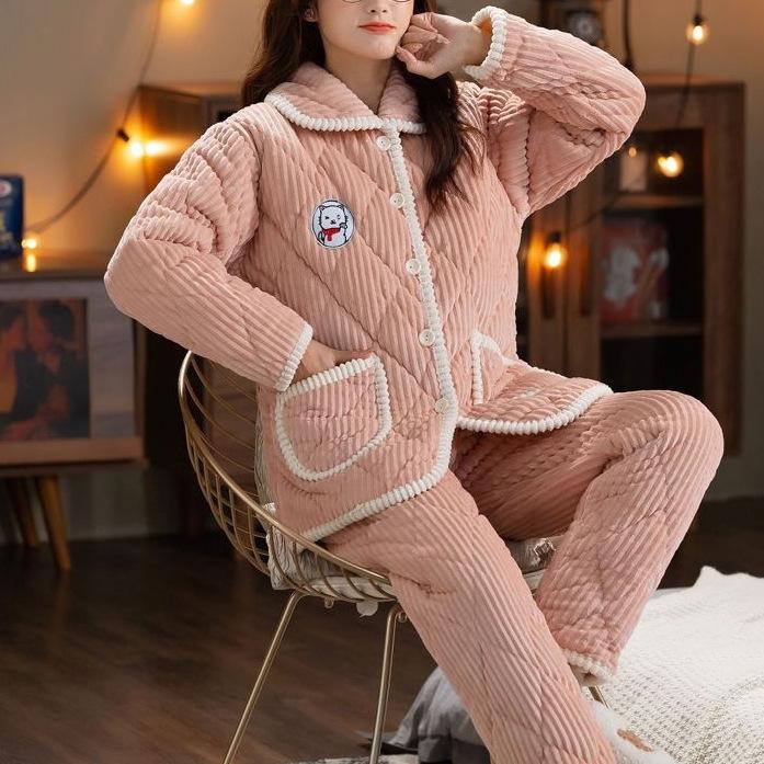 Süße warme wattierte Baumwolle kann draußen getragen werden dreilagiger Pyjama Damen Winter Loungewear verdickt saisonal große Größe
