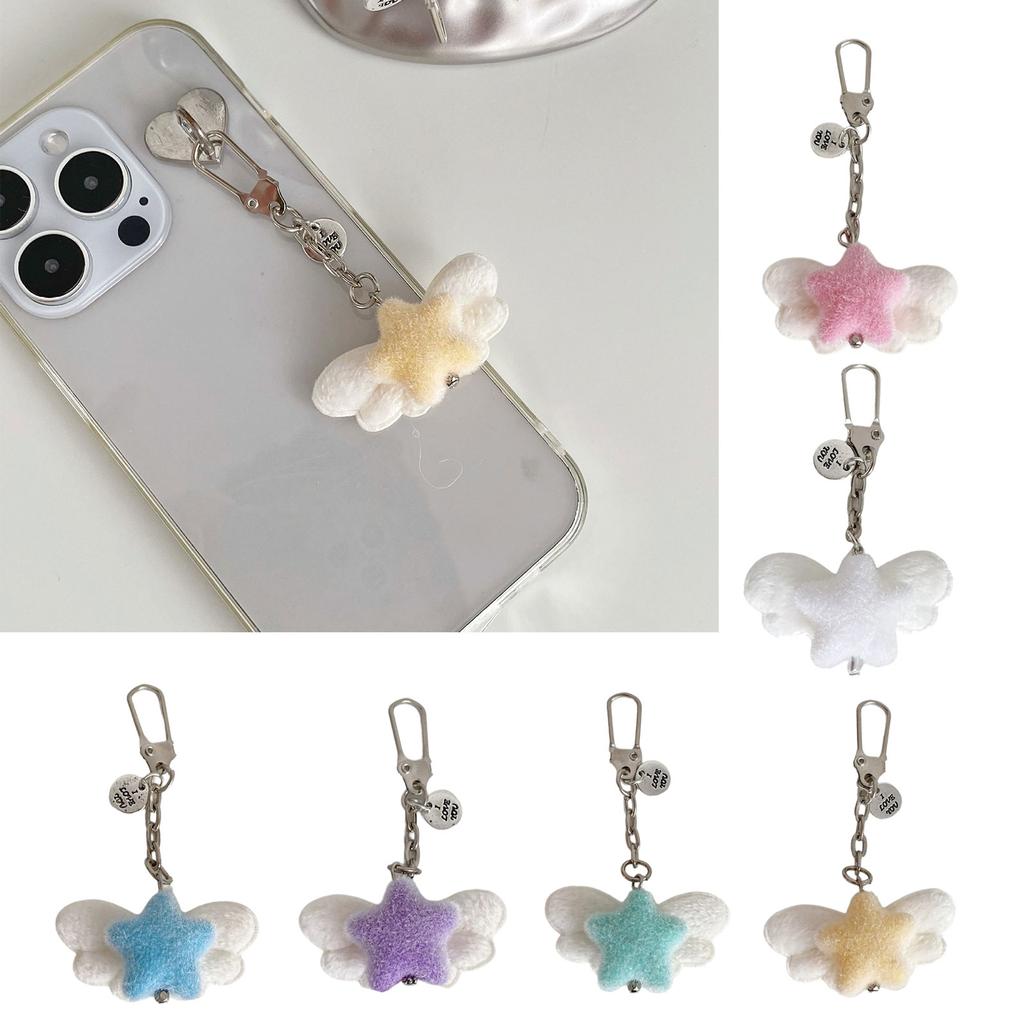 Fuzzy Flocking Star Keychain with Angel Wing Pendant Soft Stylish Fashionable Accessory For Phone Keys Bag Gift