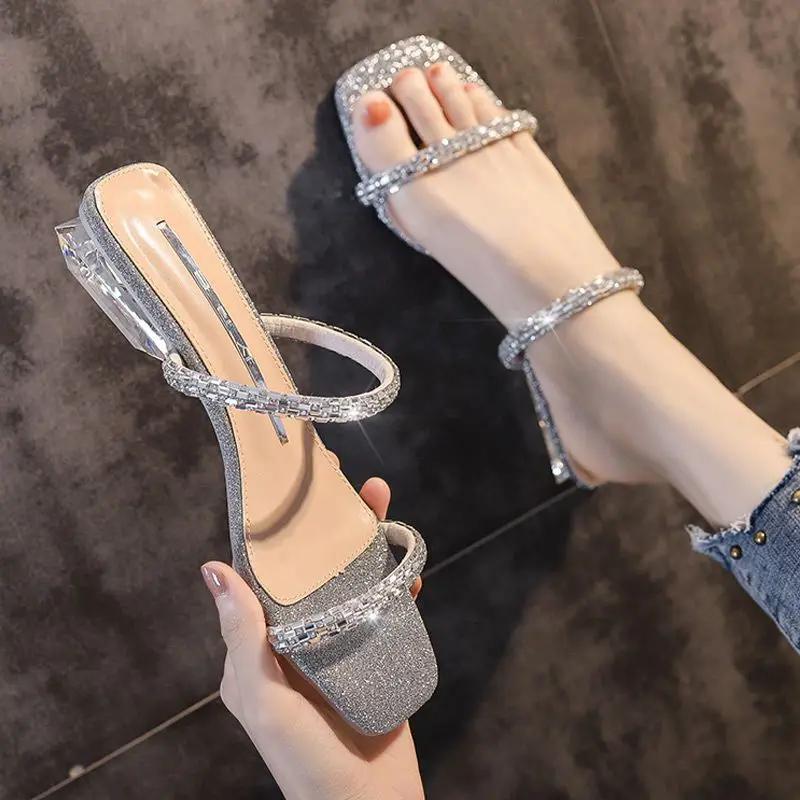 Fashion Women's Slippers and Ladies Sandals Jewels Clear Job Outside Crystals Open Toe Shoes Wedding Slides Low Heel Rhenstone W Shoe 39