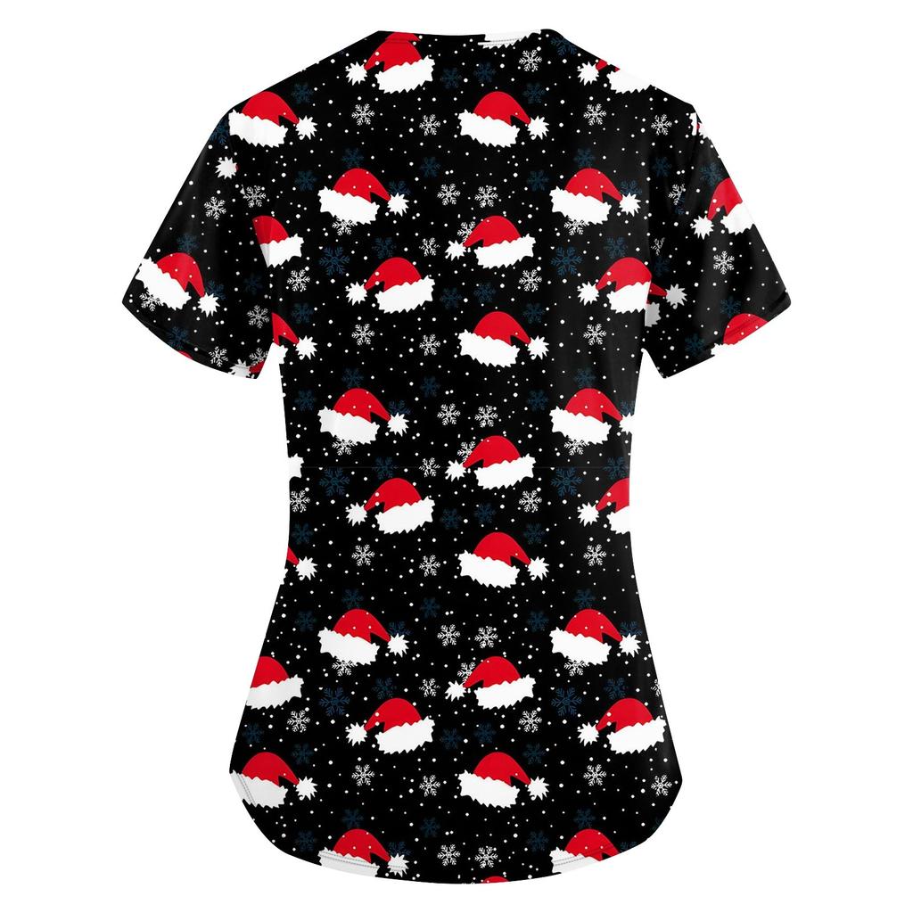 Vêtements de travail à manches courtes et col en V pour femmes avec poches et hauts imprimés de Noël