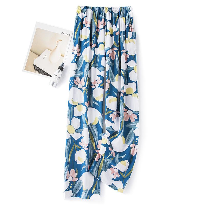 Pantaloni de pijama din bumbac mătase pentru femei, secțiune subțire de vară, anti-țânțari, pantaloni cu picior lat, culoare uni, pentru exterior, casă, petrecere a timpului liber, imprimeu, pantaloni de plajă până la genunchi