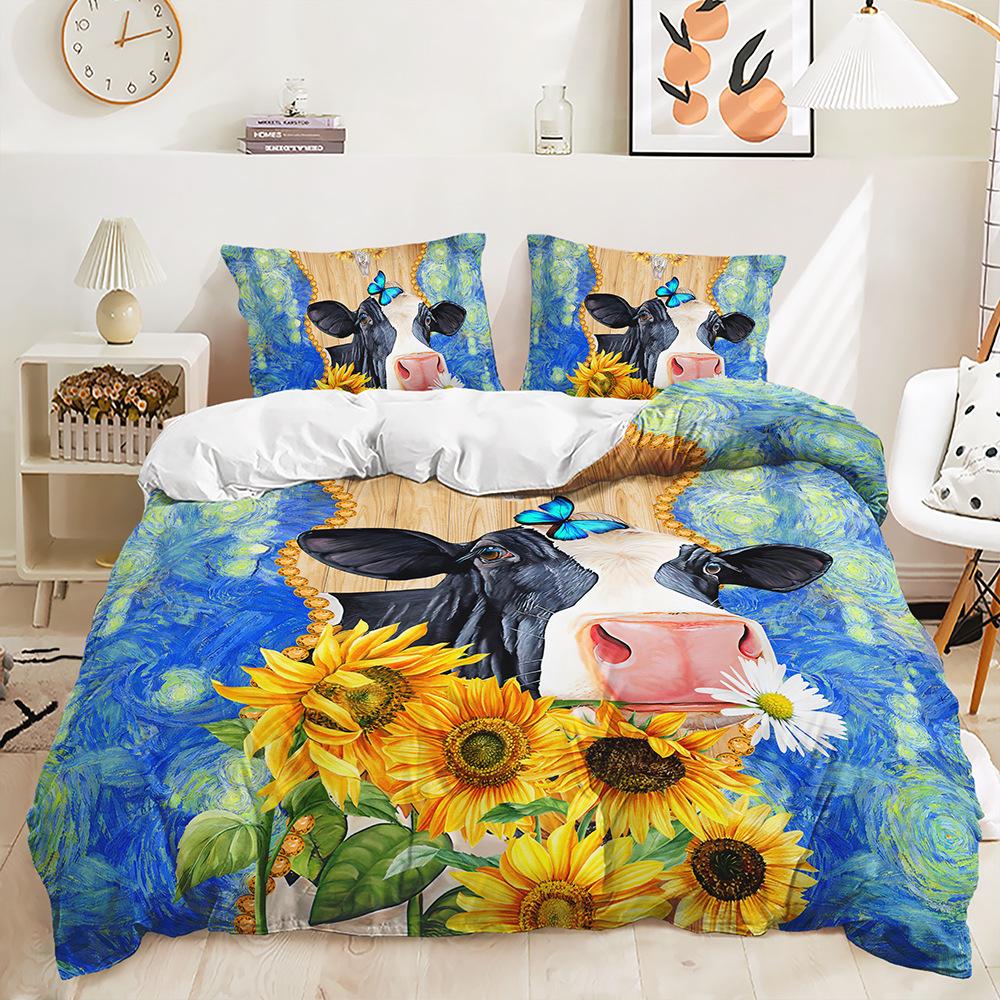 Quilt Cover Idyllic Sunflower Cow Pillowcase Digital Printing Bedding Three-Piece Batch