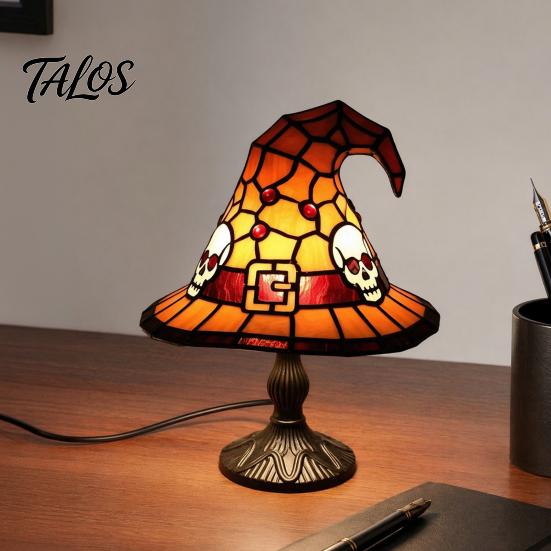 Talos Stained Glass Witch Hat Lamp, Handcrafted Retro Resin USB Powered Gothic Wizard Hats Night Light, Halloween Home Decor Accent Lamps for Bedroom