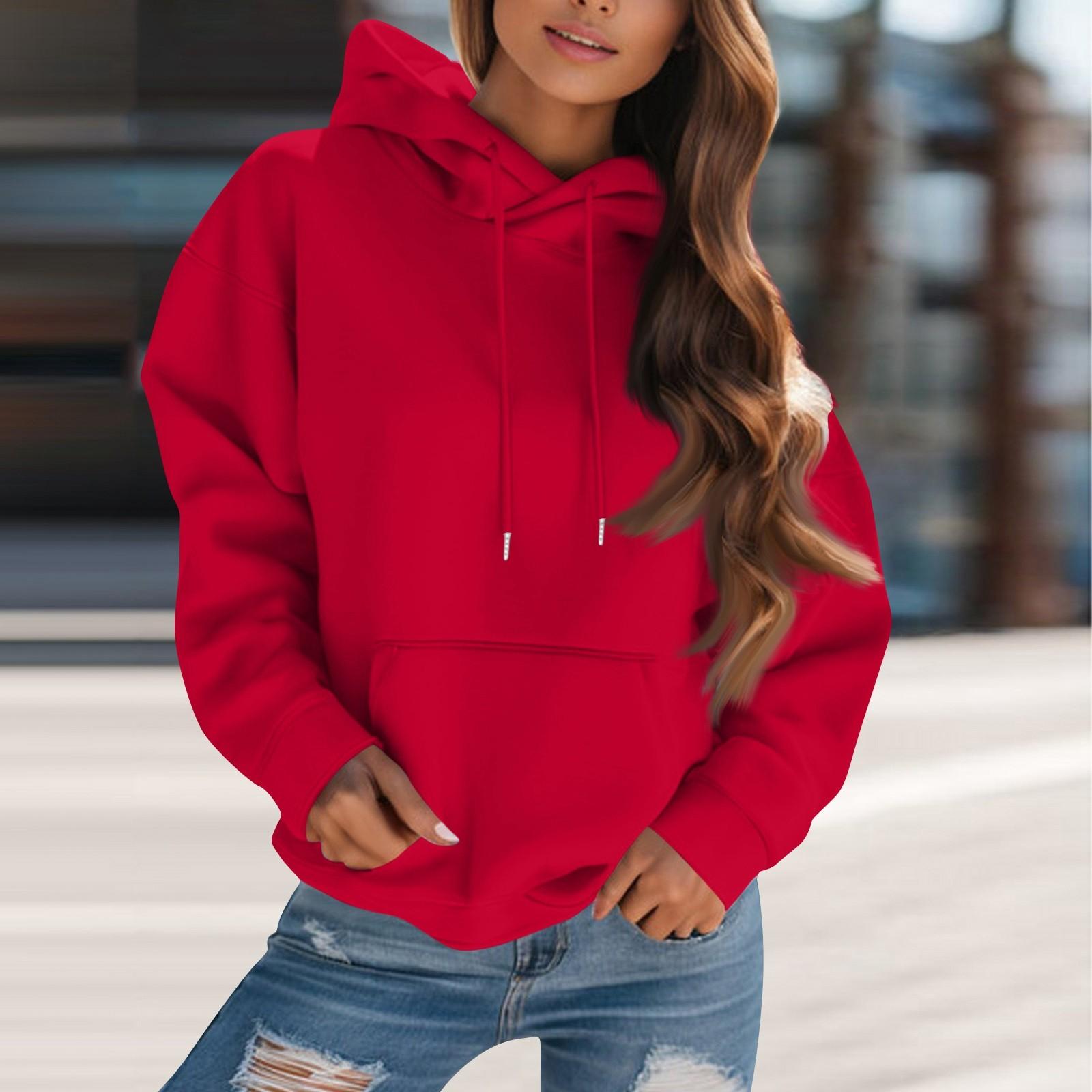 

Women s Fashion Solid Color Hooded Drawstring Long Sleeve Loose Pullover Sweatshirt Top XXXL червоний