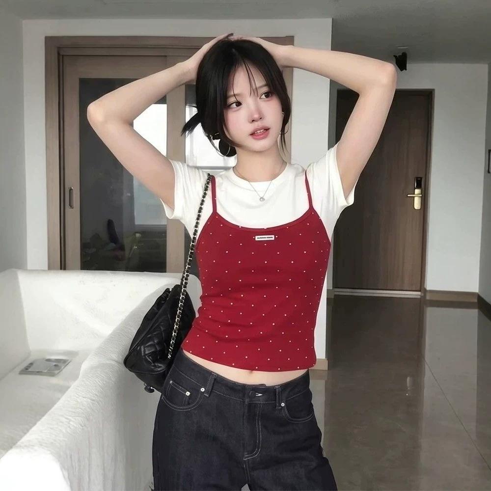 American retro red polka dot fake two-piece short-sleeved t-shirt for women's summer small man with waist and thin contrasting short top