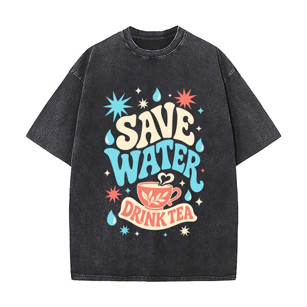 Bright Retro Save Water Slogan Desig Retro Washed Distressed T Shirt Men Summer Casual Short Sleeve
