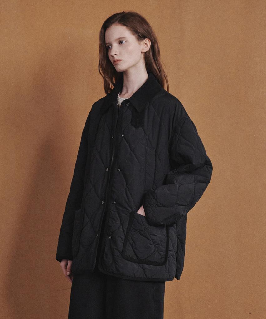 OSTKAKA Collar Contrast Quilted Half Jacket Black