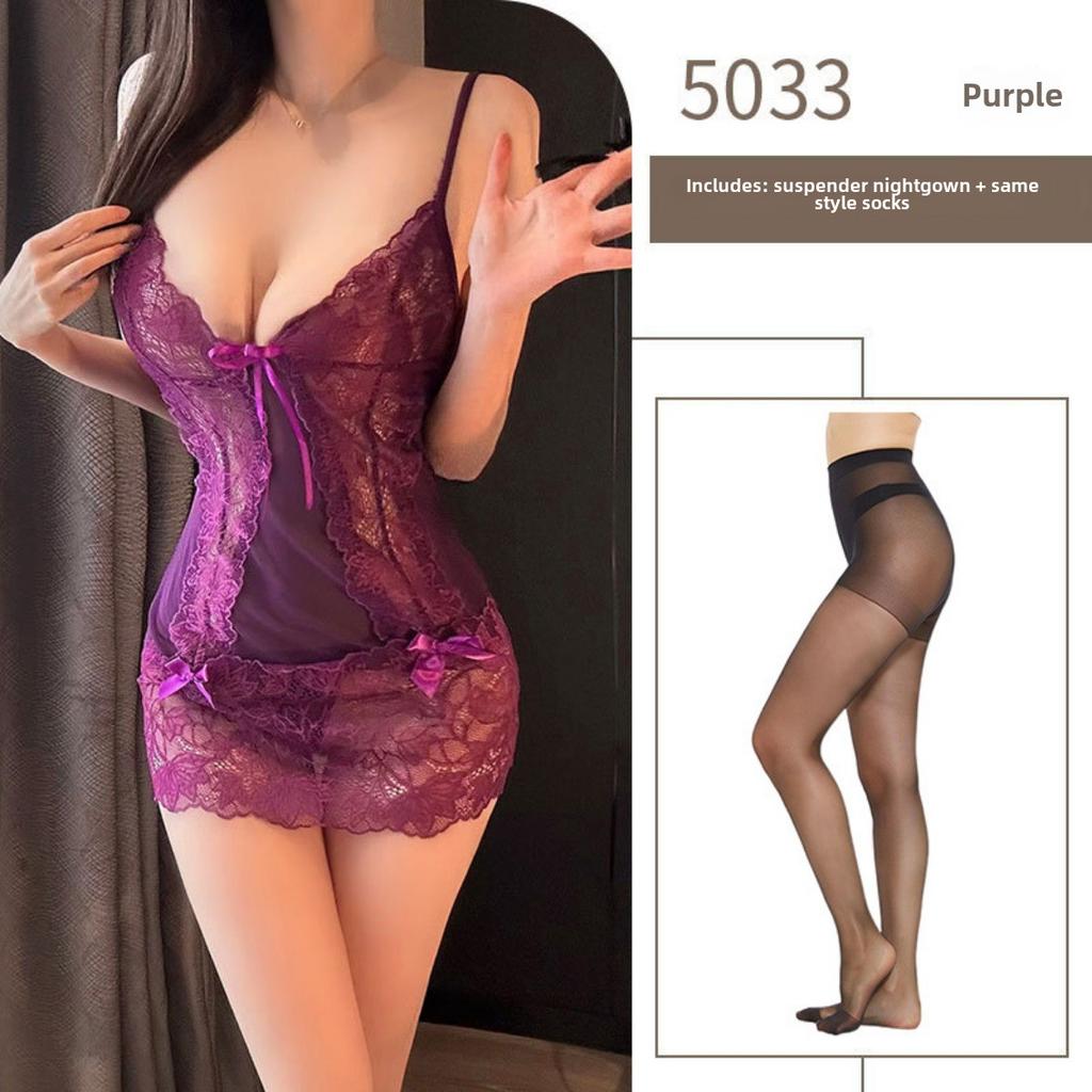 Purple Pure Desire Suspender Nightdress Hollow Lace Transparent Bed Sexy Pajamas Flirting