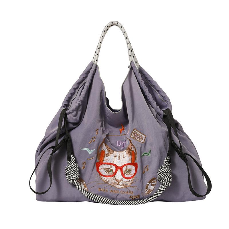 Gao Yuanyuan Style Japanese Embroidery Cat Tote Bag - Versatile, Large Capacity, Single Shoulder & Crossbody Drawstring Bag