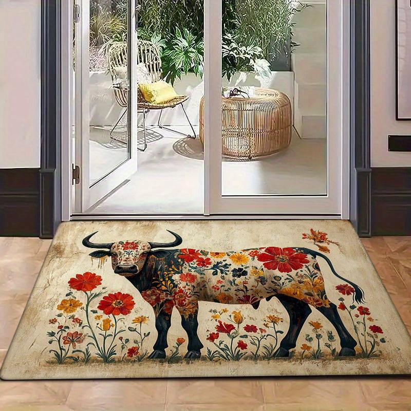 1pc Flannel Sponge 0.47inch Thick - Colorful Decorative Cow Pattern Washable Floor Area Mat, Floor Mat for Entrance, Kitchen, Li