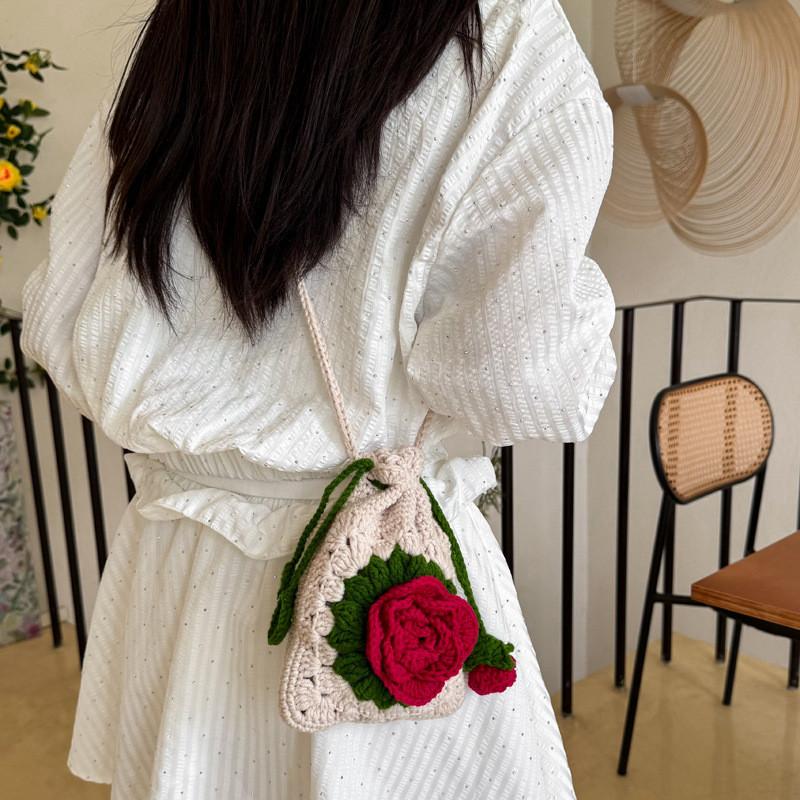 Korean Style Drawstring Shoulder Bag With Handwoven Yarn And Rose Embellishments For Daily Use