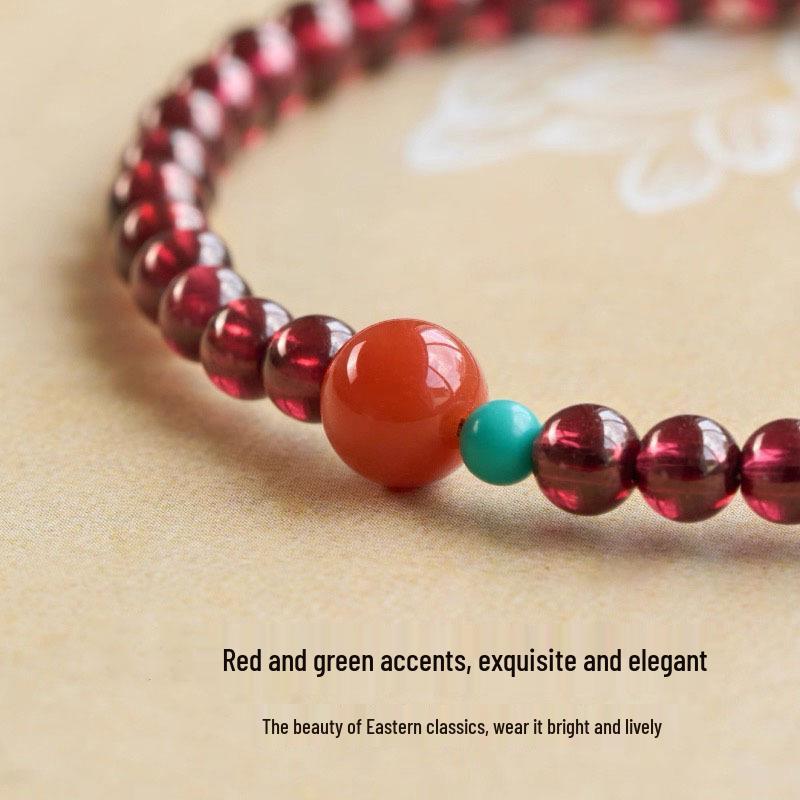 Women's Garnet & Amber Nan Hong Bracelet - Wine Red Crystal for Wealth & Luck with Millet Beads