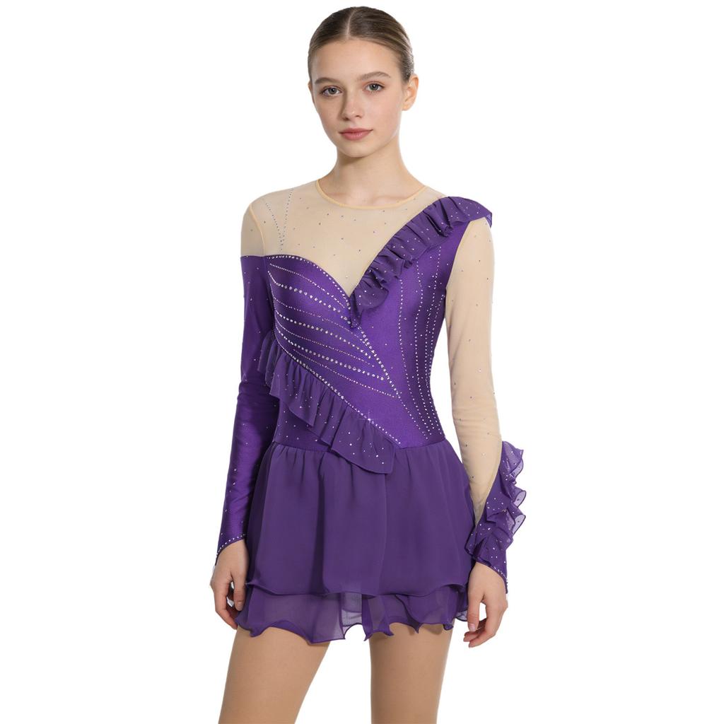 Womens Figure Skating Leotard Dress Ruffled Trim Rhinestones Tiered Chiffon Hem Skirt