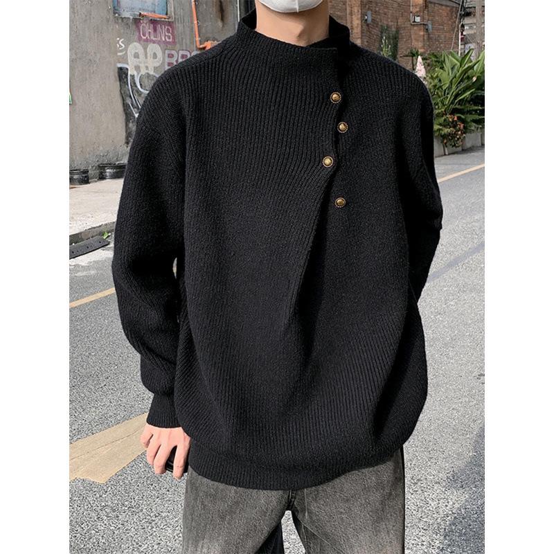 Men's Sophisticated Half-High Neck Button-Up Heavyweight Winter Sweater
