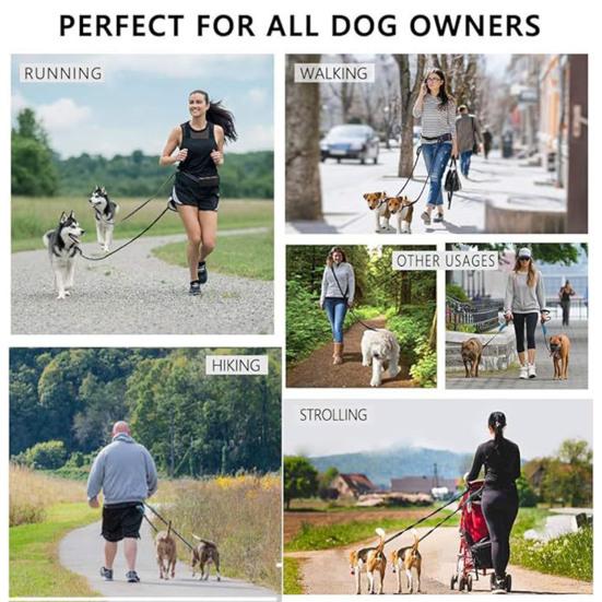 Dog Leash with Waist Bag Reflective Retractable Leash for Two Dogs Hands-Free Running Leash with Padded Handles Night Safety Walking Gear