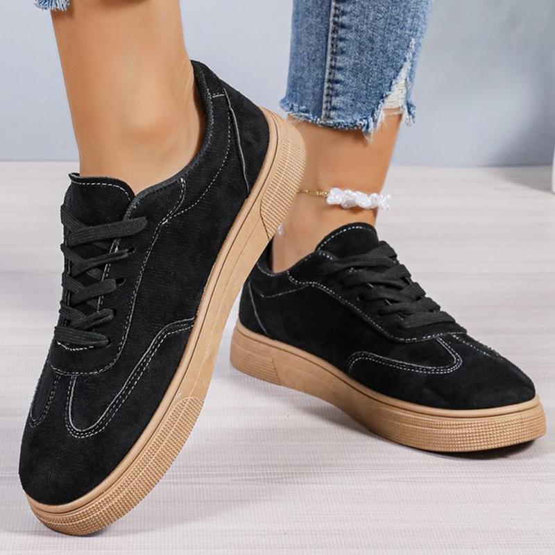 Fashion All Match Black Faux Suede Sports Shoes for Women Lace Up Low Top Sneakers Woman Sewing Wear Resistant Vulcanize Shoes Ladies