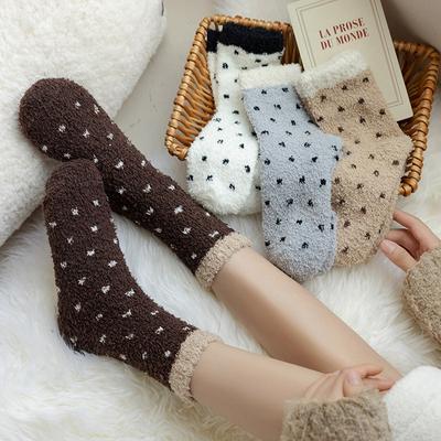 Home Socks Women'S Coral Fleece Thickened Non-Shedding Medium Tube Floor Socks Japanese Polka Dot Plush Sleep Socks Women