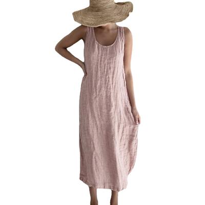 Γυναικείο Casual O Neck Loose Αμάνικο Φόρεμα Ανοιξιάτικο καλοκαιρινό γιλέκο Sundress Beach Βαμβακερά μακριά μάξι φορέματα