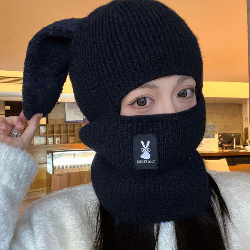 Glasses Rabbit Knitted Warm Hat Women's Cold-proof Scarf Integrated Hat Outdoor Cycling Windproof Neck Cover One-piece Hat