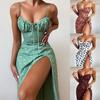 Spaghetti Straps Pleated Lady Dress Split Hem Summer Floral Print Sling Midi Dress for Daily Wear