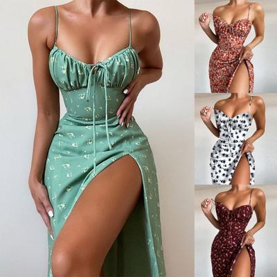 Spaghetti Straps Pleated Lady Dress Split Hem Summer Floral Print Sling Midi Dress for Daily Wear