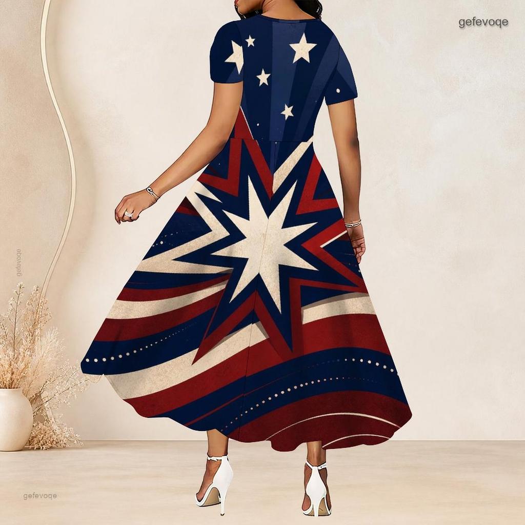 Women Plus Size Round Neck Short Sleeve Star Printed White High Waist A Line Long Dress
