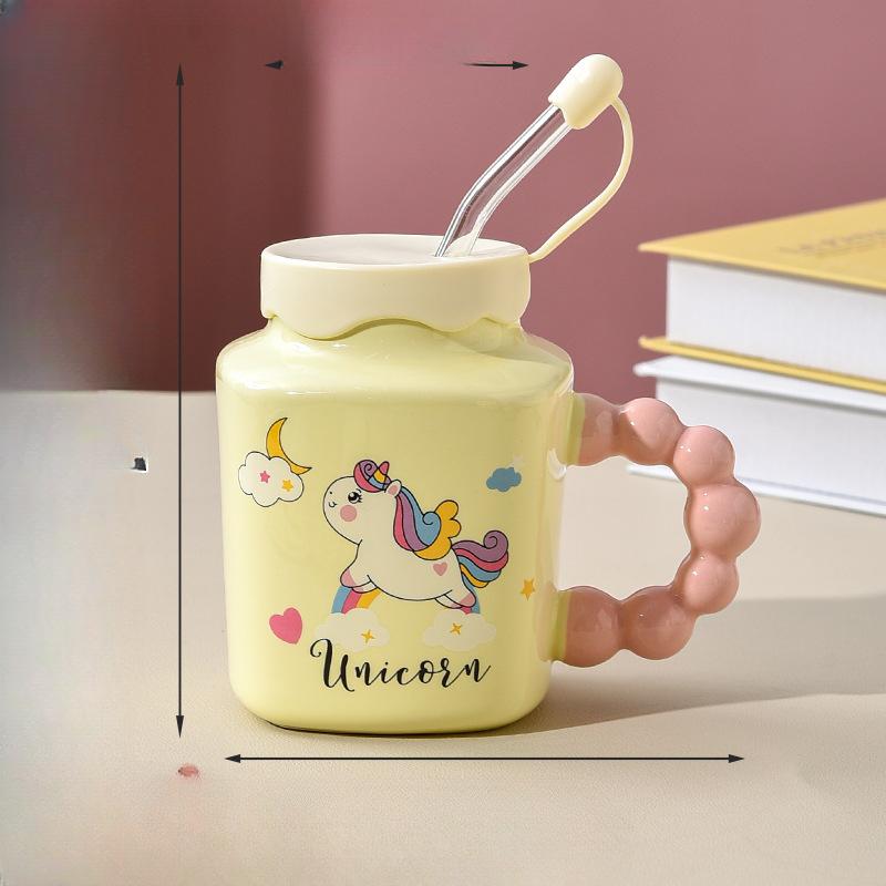 Süße Einhorn-Tasse mit Glasstrohhalm Becher Große Kapazität Mädchenherz Milch Fufu mit Deckel Wasserbecher Keramik