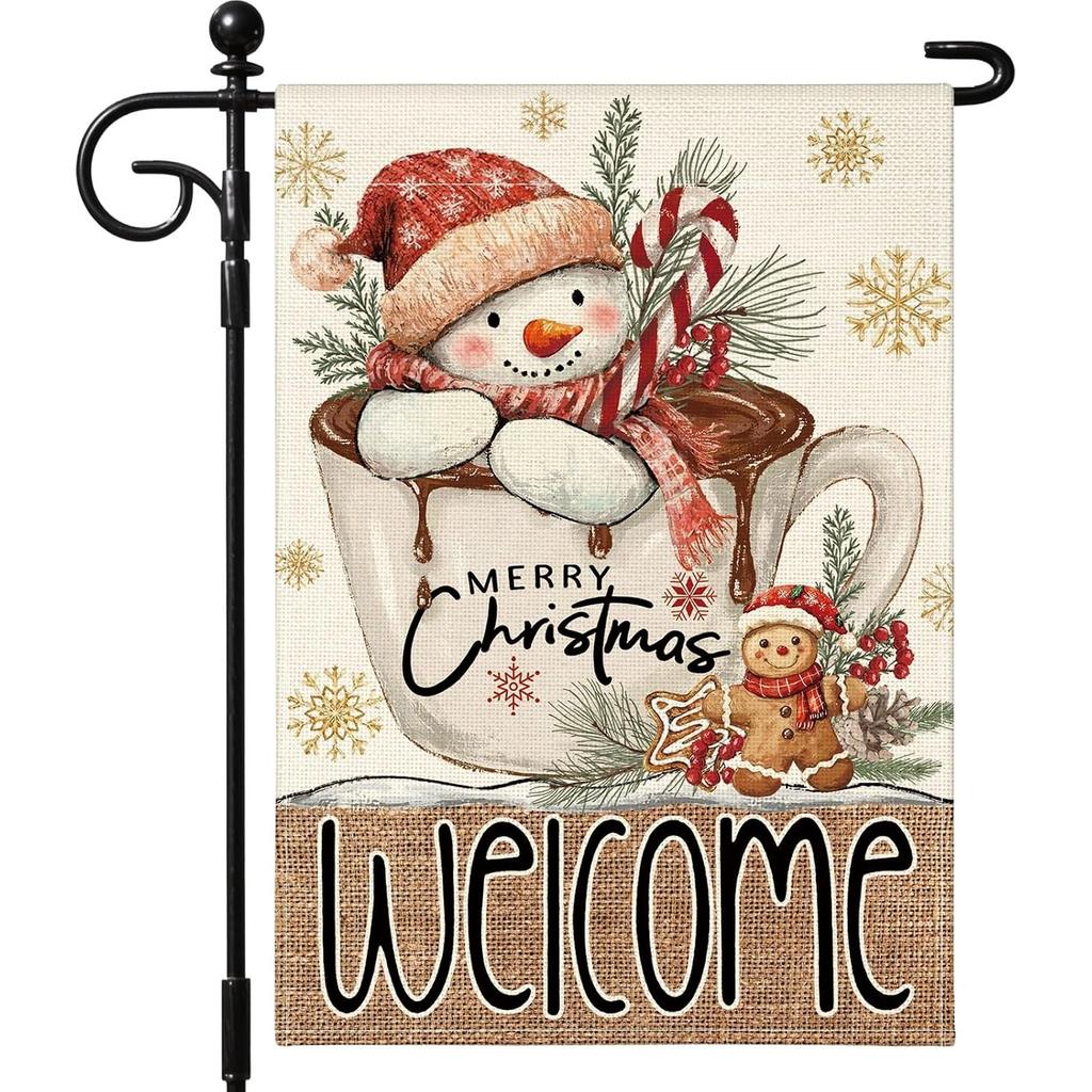 Christmas Garden Flag , Double-Sided Xmas Snowman Gingerbread for Man Outdoor Flag Welcome Winter Holiday Farmhouse Yard Decoration for Outside