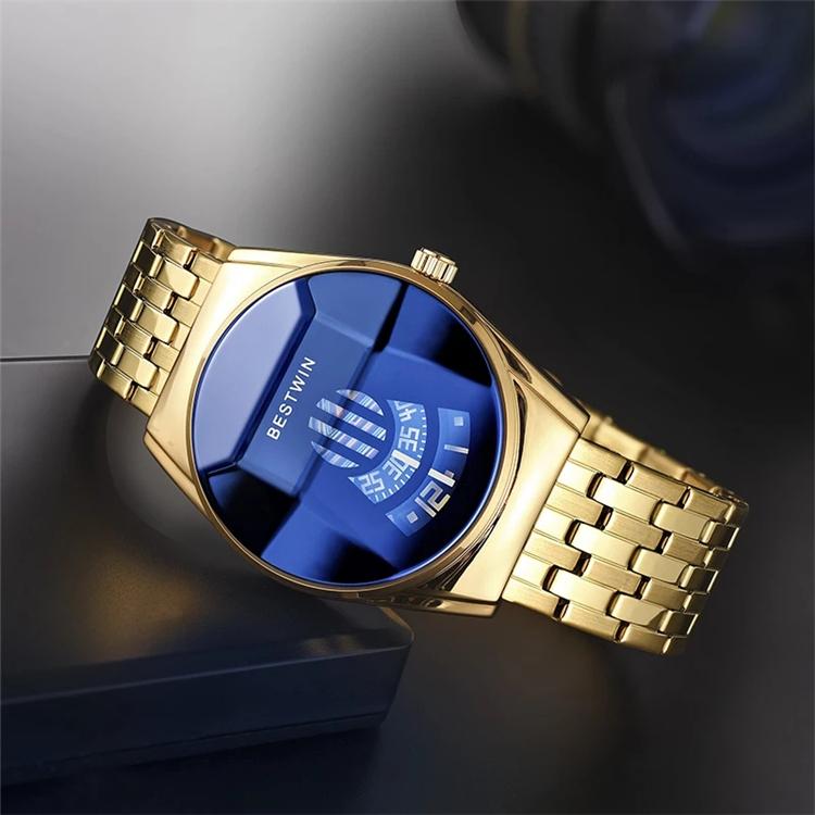2021 Bestwin Sport Chronograph Wristwatch for Men Casual Gold Quartz Watch with Leather Band Cartoon Style
