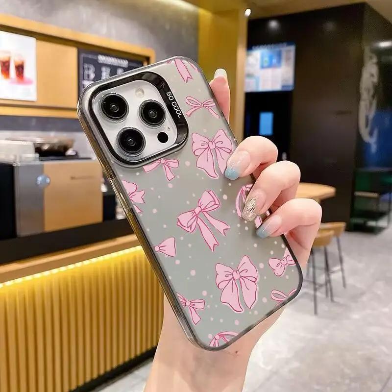 Sweet Cool Pink Black Bowknot Frosted Case for iPhone 17 Air 16 E 15 14 Plus 13 12 Mini 11 Pro Max Acrylic Hard Silicone Cover