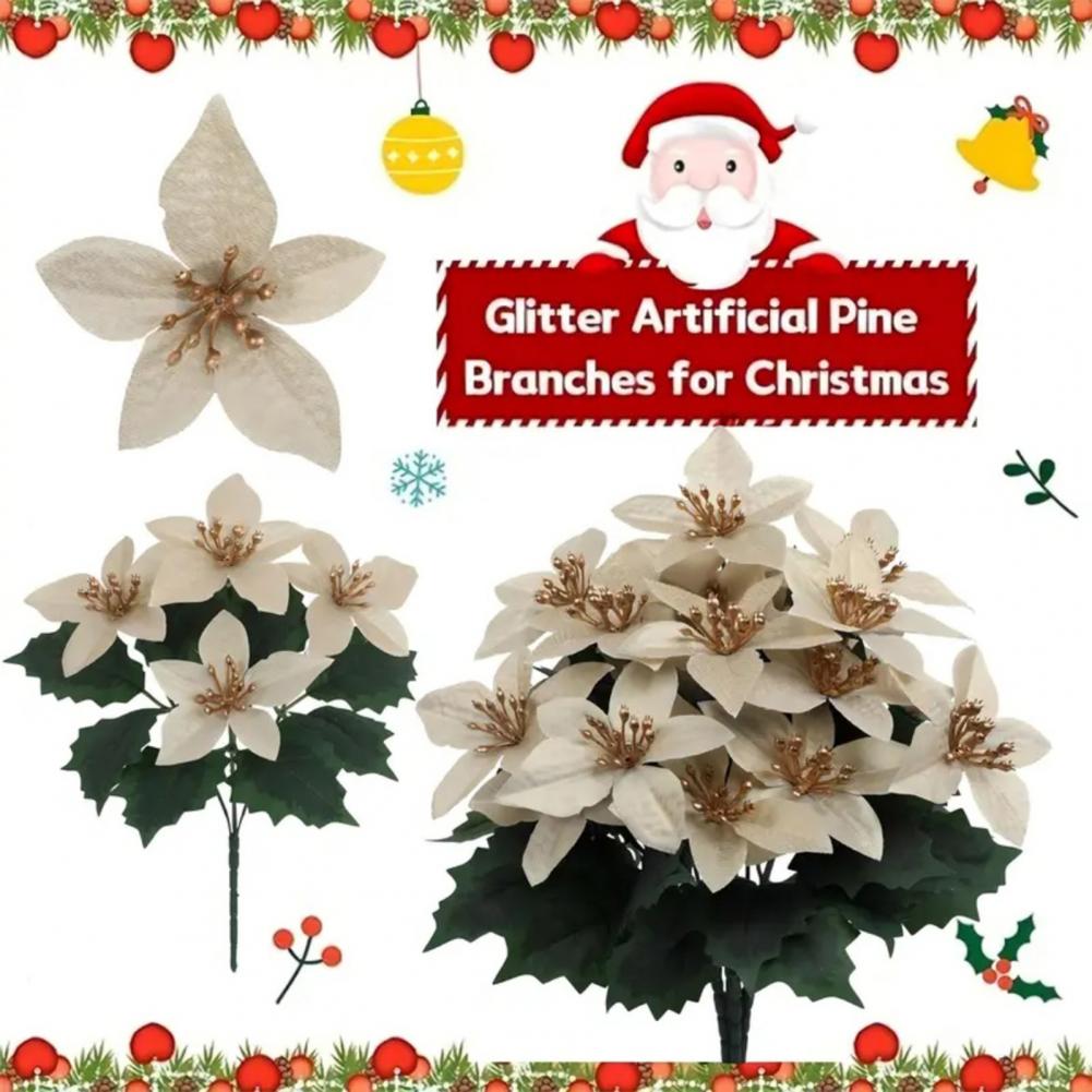 4 Fork Simulated Flowers Simulation Flowers Decor Elegant Artificial Poinsettia Bouquet with Green Leaves Uv Resistant for Home