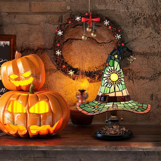 Stained Glass Style Witch Hat Lamp, USB Powered Resin Wizard Hat Night Light with Sun Star, Gothic Halloween Table Lamp for Bedroom Bookshelf Mantel