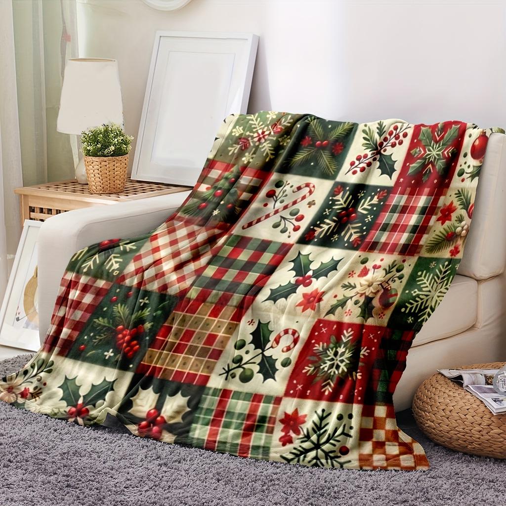 Coperta Decorativa Patchwork in Flanella con Fiocchi di Neve Natalizi, Agrifoglio, Plaid e Motivi a Bacche per Divano Letto