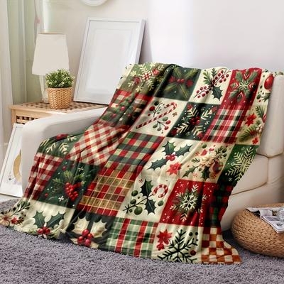 Festive Patchwork Throw Blanket Flannel Material With Christmas Snowflakes Holly Plaid And Berry Designs For Couch Bed