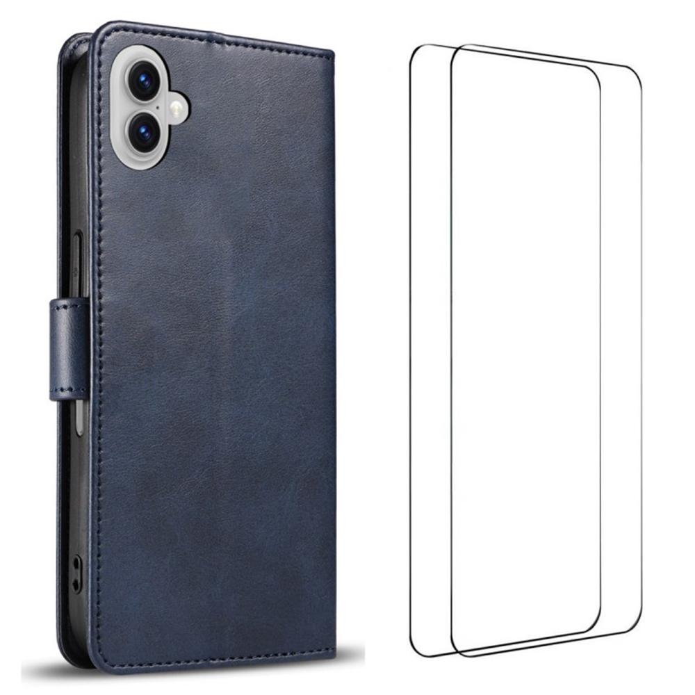 

WANLONFENG WN Series For iPhone 17 Case with 2Pcs Tempered Glass Calf Texture Leather Phone Cover Big Cutouts Sapphire