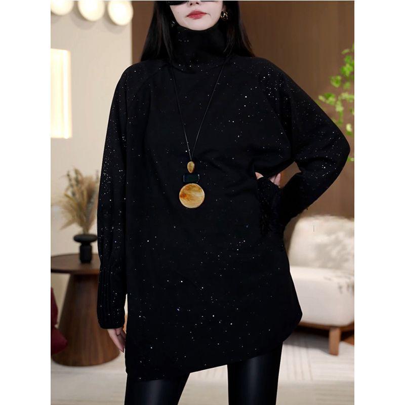 Plus Size Sequined High Neck Ruffle Long Sleeve Thickened Warm Mid-Length Top for Women 