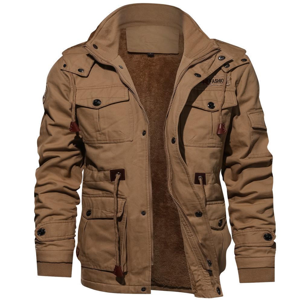 Men's Work Jackets 2025 Autumn and Winter New Solid Color PlushThickened Outdoor Camping Hooded Coat Men's Loose Fitting Jackets