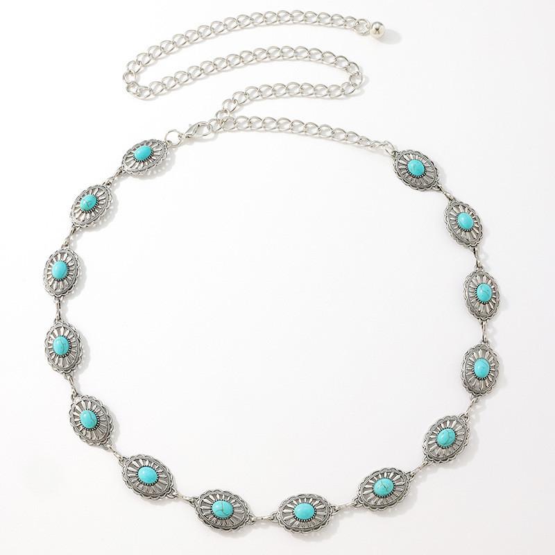 Hollow Turquoise Ladies Metal Waist Chain With Pearl Detailing For Spring Summer And