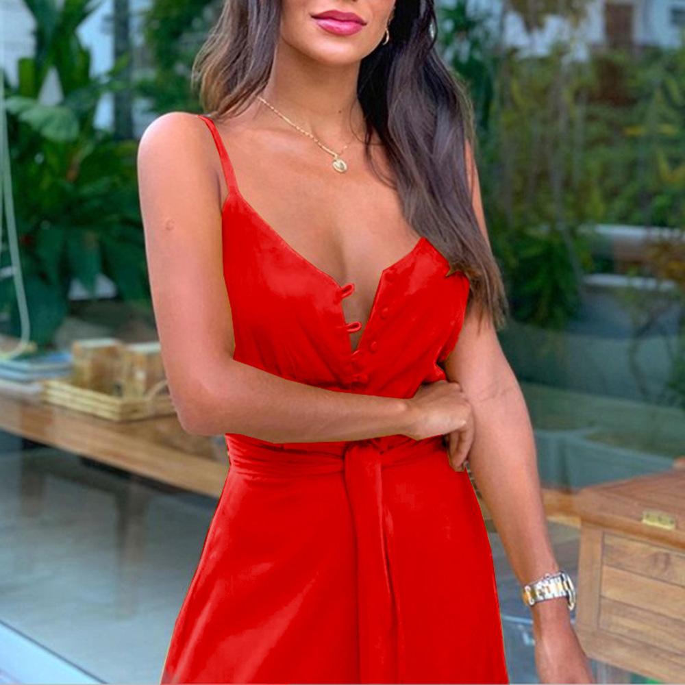 Women's Maxi Dress V-Neck Spaghetti Strap Button Front Tie Waist Tiered Sleeveless Casual Summer Beach Vacation Long Sundress