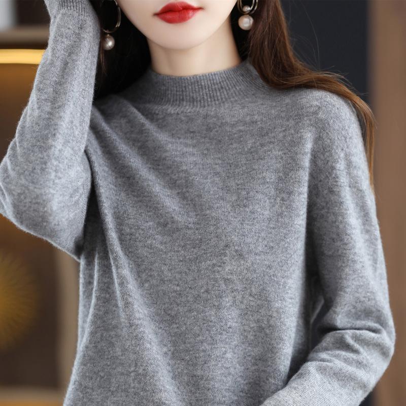 Women's Seamless Knit Half-High Neck Pullover: Loose, Slim-Fitting, Long Sleeve Sweater for Autumn/Winter