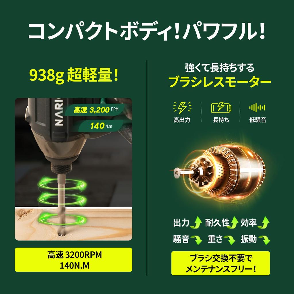 NARION Rechargeable Impact Maximum Torque Lightweight Includes 1 Bit Set and Electric Driver Drill 16.8V Driver, 140N.m, 938g, Charger,