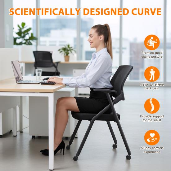 Klappbare Bürostühle mit PU-Rad, Armlehne, ergonomischer Netzrücken, stapelbarer Konferenzstuhl, Büro-Gäste- & Empfangs- & Besprechungsstuhl