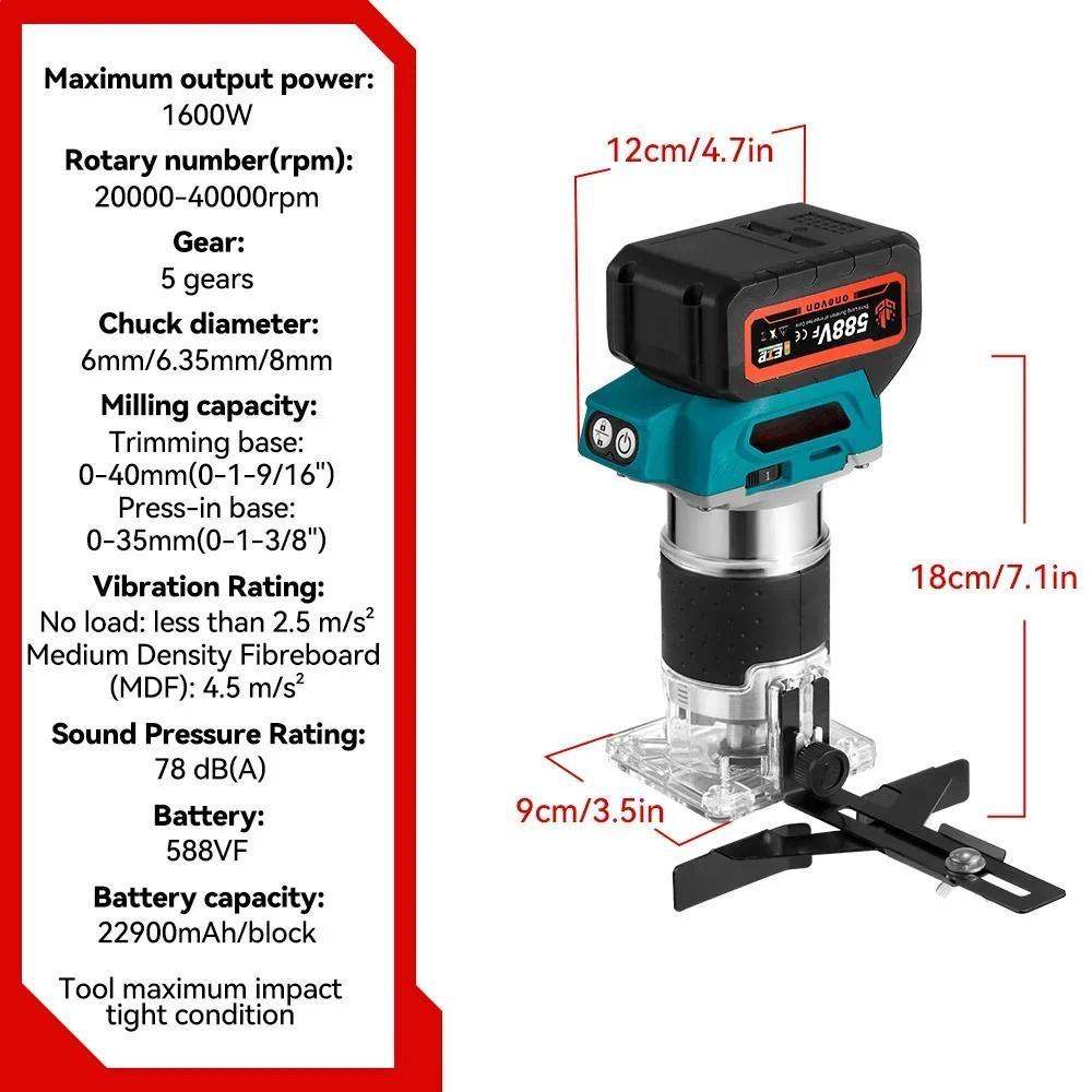 1600W 5 Speeds Portable Woodworking Engraving Slotting Power Tool Brushless Electric Hand Trimmer Cordless Wood Router