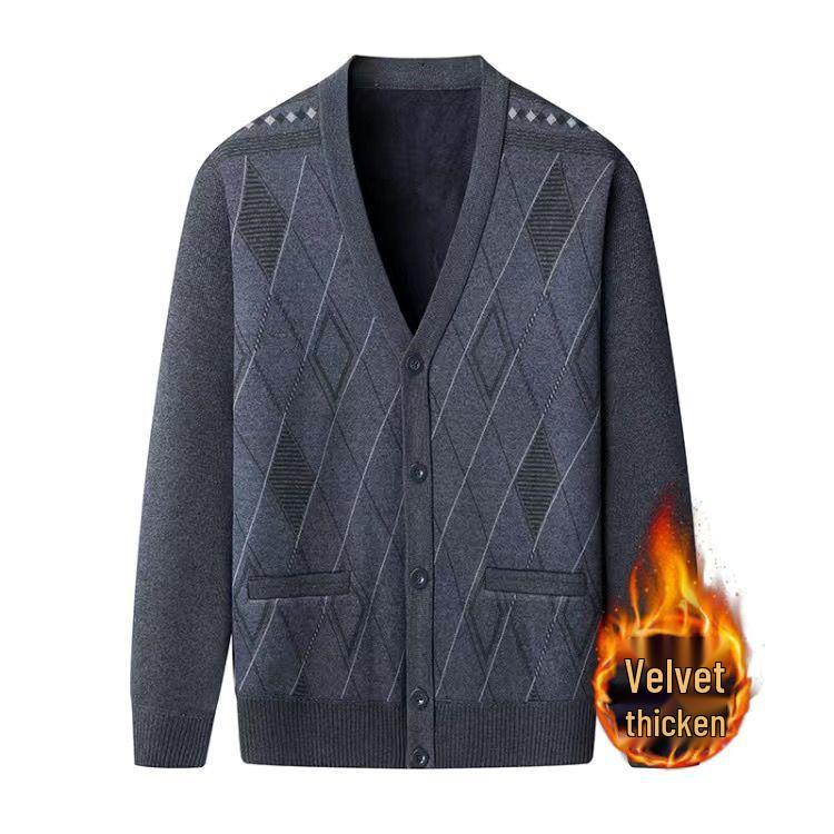 Men's V-Neck Thick Fleece Cardigan: Warm Knitwear for Dad and Grandpa