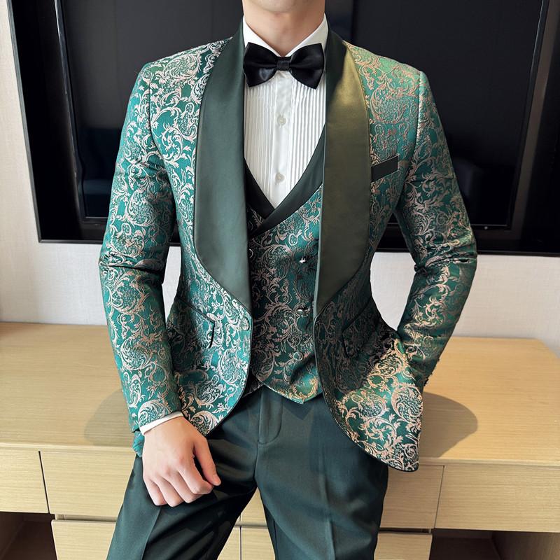Spring Men's (suit + Vest + Trousers) British Style Business Casual Three-piece High-density Jacquard Wedding Dress