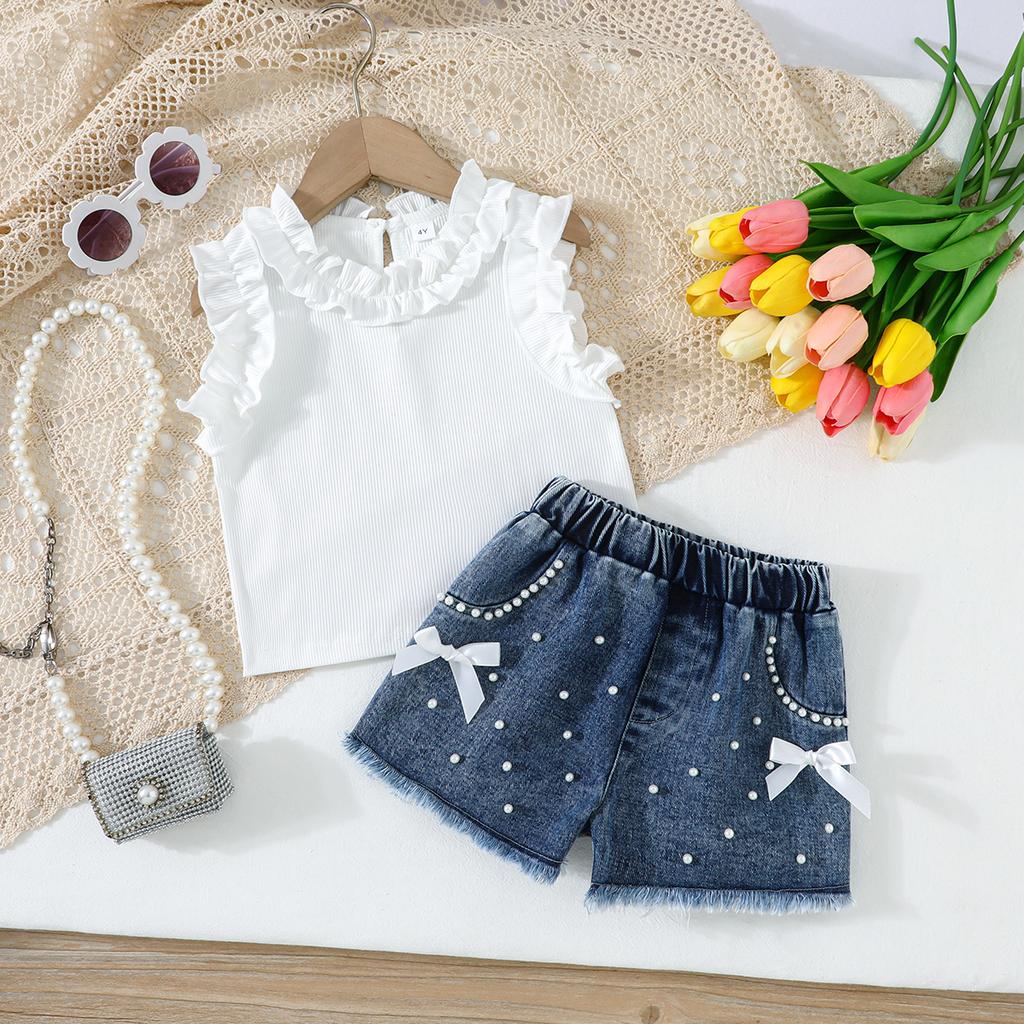 Baby Girls 2-Piece Outfit, Ribbed Ruffle Neck Top and Embellished Denim Shorts