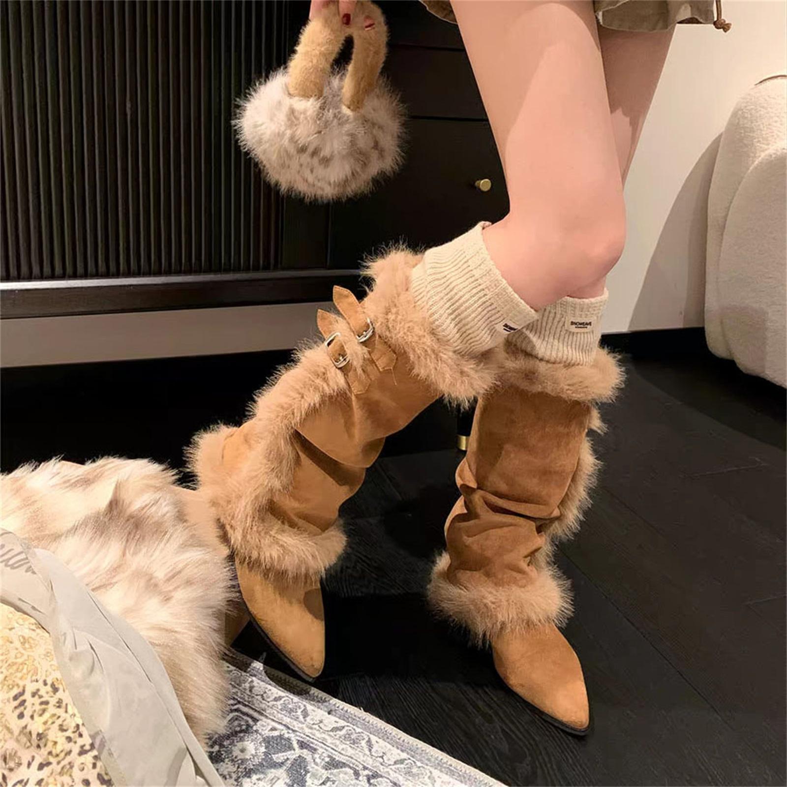 Women s Fashion Plus-Size Pointed-Toe Furry Warm Knee-High Vintage Boots 35